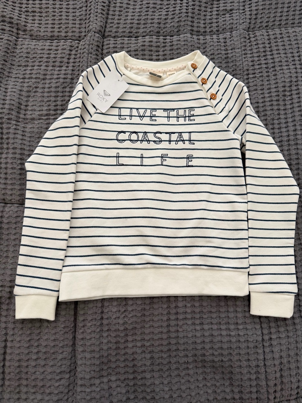 Roxy Girl Stripe Sweater Size 10 Cream and Navy Blue Long Sleeve Pullover NWT